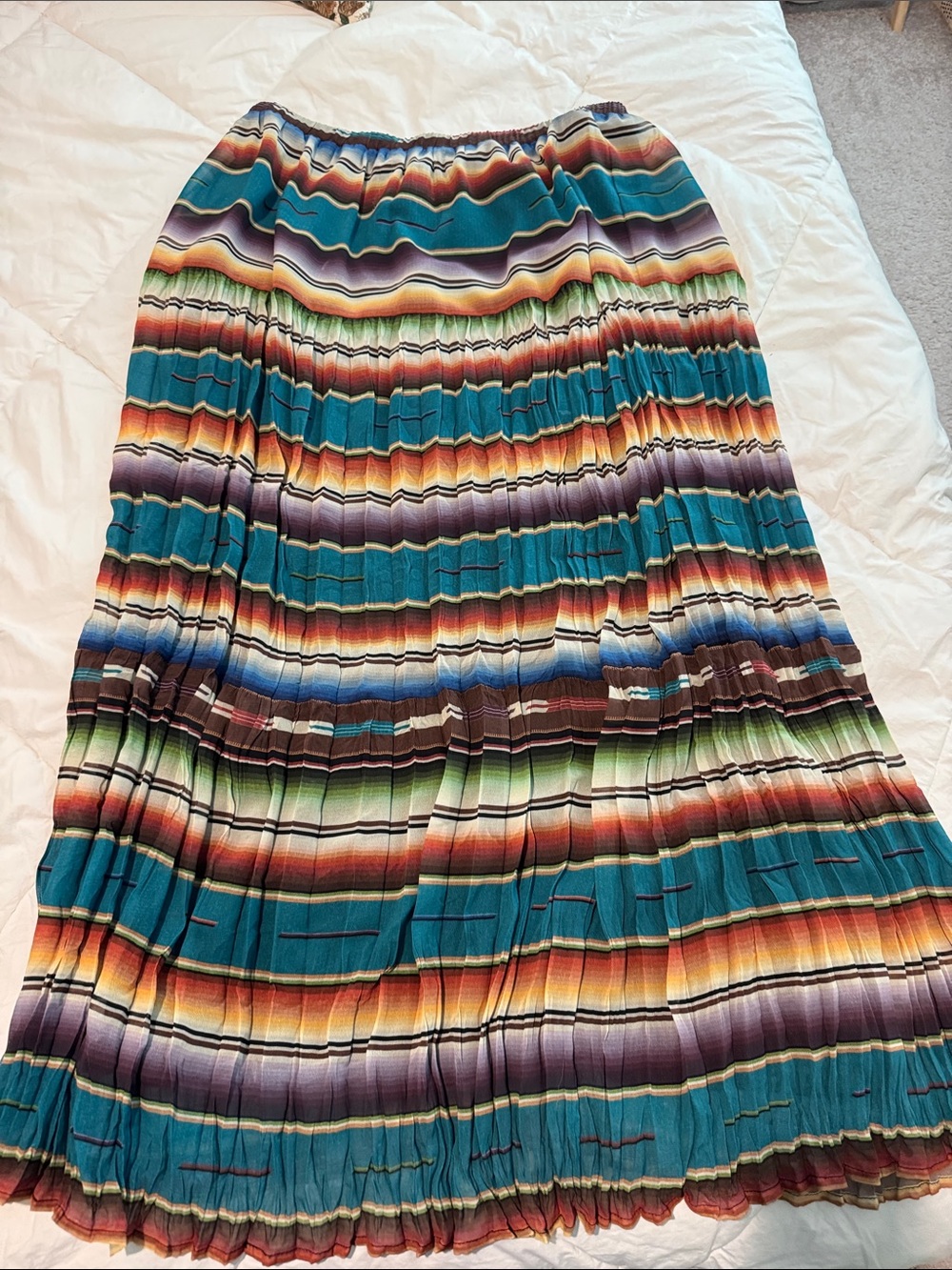 Double D Ranch Multicolor Striped Pleated Maxi Skirt with Teal and Brown Stripes